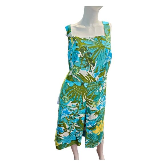 Talbots Dress SZ14W Blue Green Floral Pleat Front - Picture 2 of 8